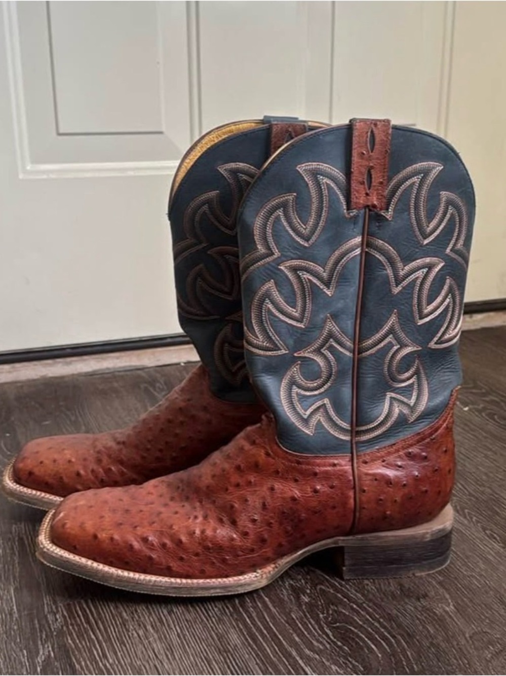 Brown Ostrich Foot with Black Embroidered Shaft Cowboy Boots